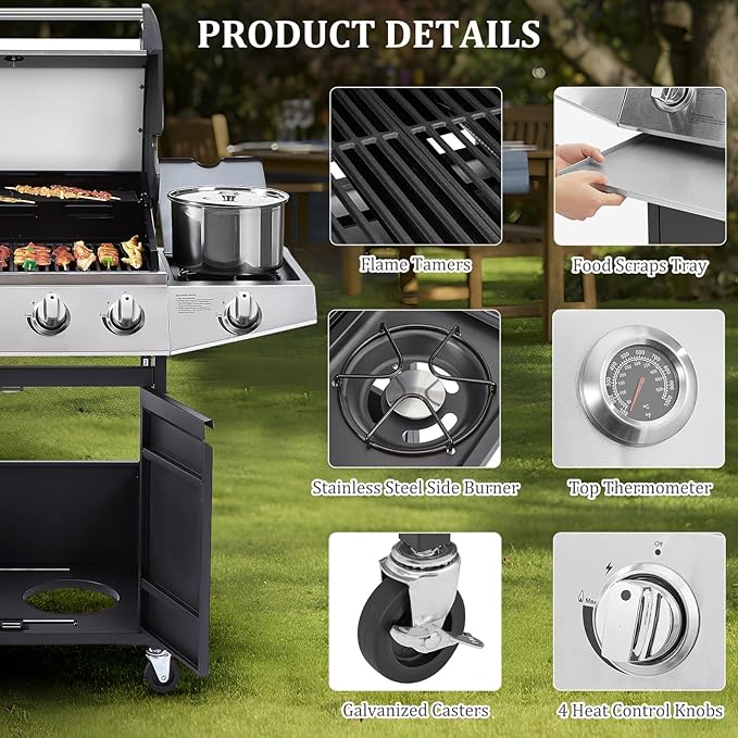 Unovivy 4-Burner Propane Gas BBQ Grill with Side Burner & Porcelain-Enameled Cast Iron Grates Built-in Thermometer, 49,000 BTU Outdoor Cooking, Patio, Garden Barbecue Grill, Black and Silver