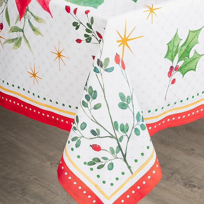 Maison d' Hermine Table Cloth Rectangle Table 100% Cotton 70 x 90 Inches Fall Tablecloth Reusable Everyday Use for Thanksgiving Christmas Decorations Dining Farmhouse Party (Poinsettia Christmas)