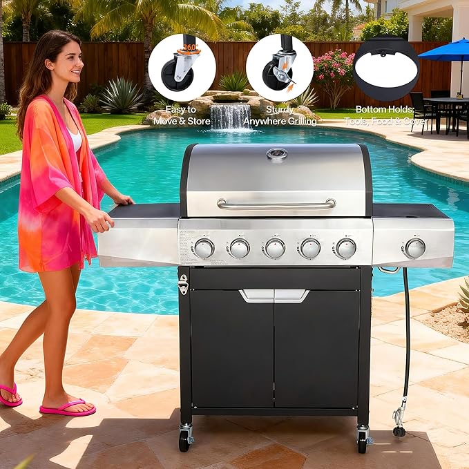 Endark Upgraded 58,500 BTU 5-Burner Stainless Steel Propane Gas Grill – Outdoor BBQ Grill with Side Burner & Porcelain Grates, Barbecue Grill Wheeled for Patio, Garden, Backyard