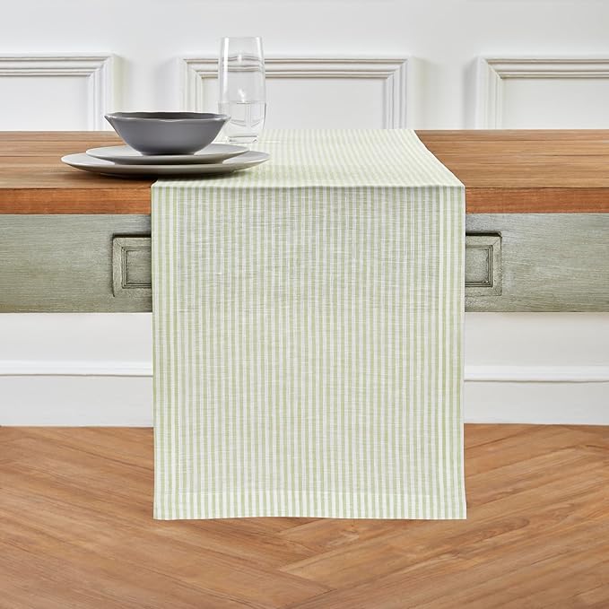 Solino Home Linen Striped Table Runner 120 Inches Long - Narrow Stripe 100% Pure Linen Sage and White Dining Table Runner 14 x 120 Inch for Spring, St Patricks Day, Easter