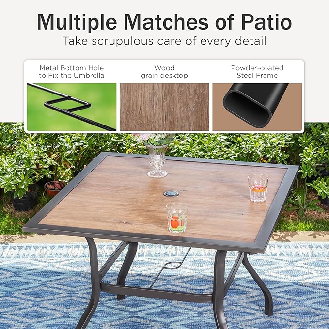 PHI VILLA Outdoor Patio Dining Set for 4, Patio Table and Chairs Set with Folding Patio Chairs & Square Wood Like Top Table for Garden, Deck and Lawn, Black