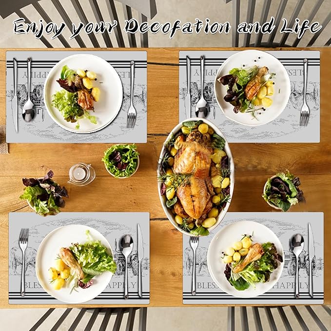 Farm Placemats Set of 4 - Farmhouse Heat Resistant Placemats for Dinner Table, Non-Slip Waterproof Oil-Proof Washable Reusable Placemat for Indoor Outdoor Kitchen Decor, 15.75In*11.81In