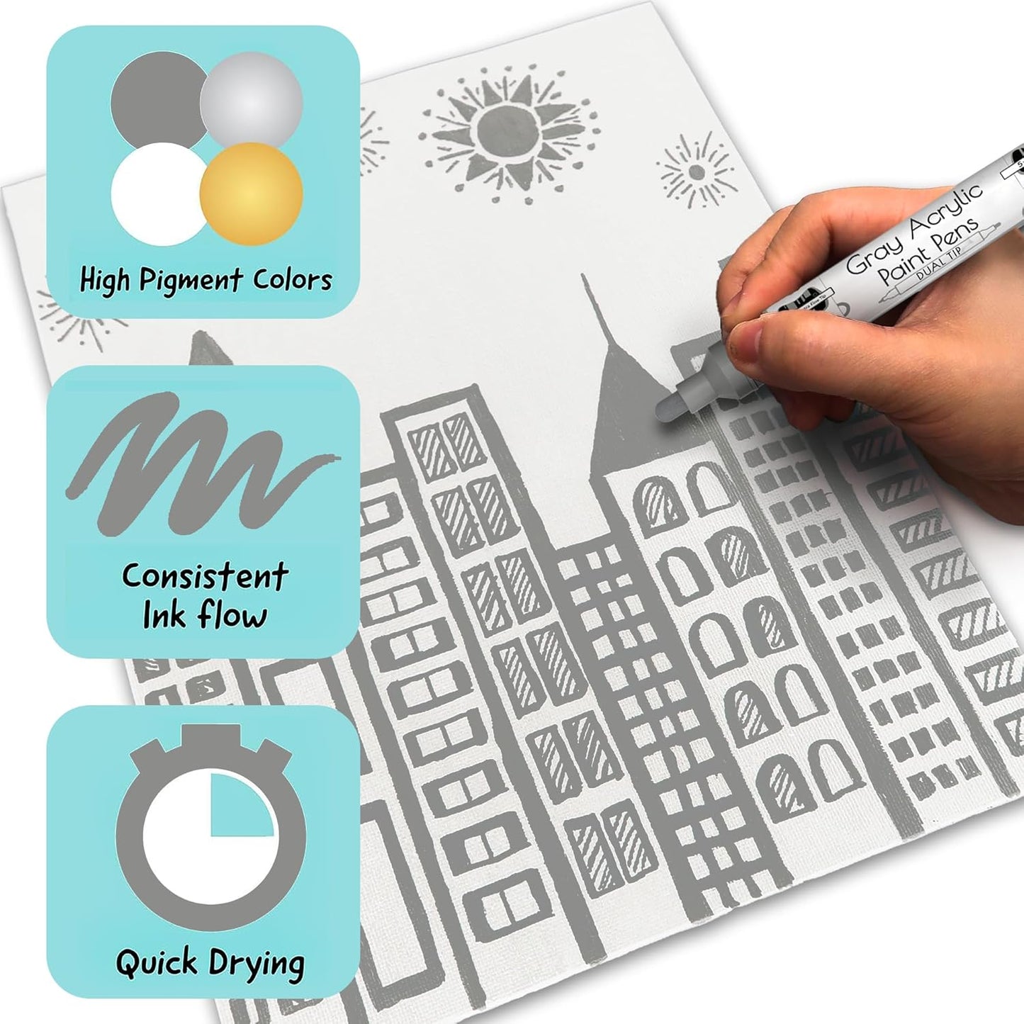 4 Dual Tip Gray Paint Pen Metallic - Fine Tip & Medium Acrylic Paint Markers - Gray Marker for Metal, Wood, Rock Painting, Canvas, Ceramic, Glass, Fabric, Leaf and Plastic - Water-based Ink