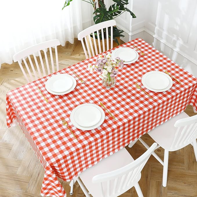 Romanstile Rectangle Vinyl Tablecloth, 100% Waterproof Buffalo Gingham Plastic Table Cloth, Heavy Duty Wipeable Checkered Table Covers for Outdoor, Camping, Picnic, Patio - 54 x 108, Red and White