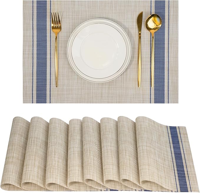 Placemats Set of 8，Non-Slip PVC Weave Table Mats Easy to Clean，Heat Resistant Place Mats for Kitchen Dining Table Decoration Indoor Outdoor，Khaki Blue