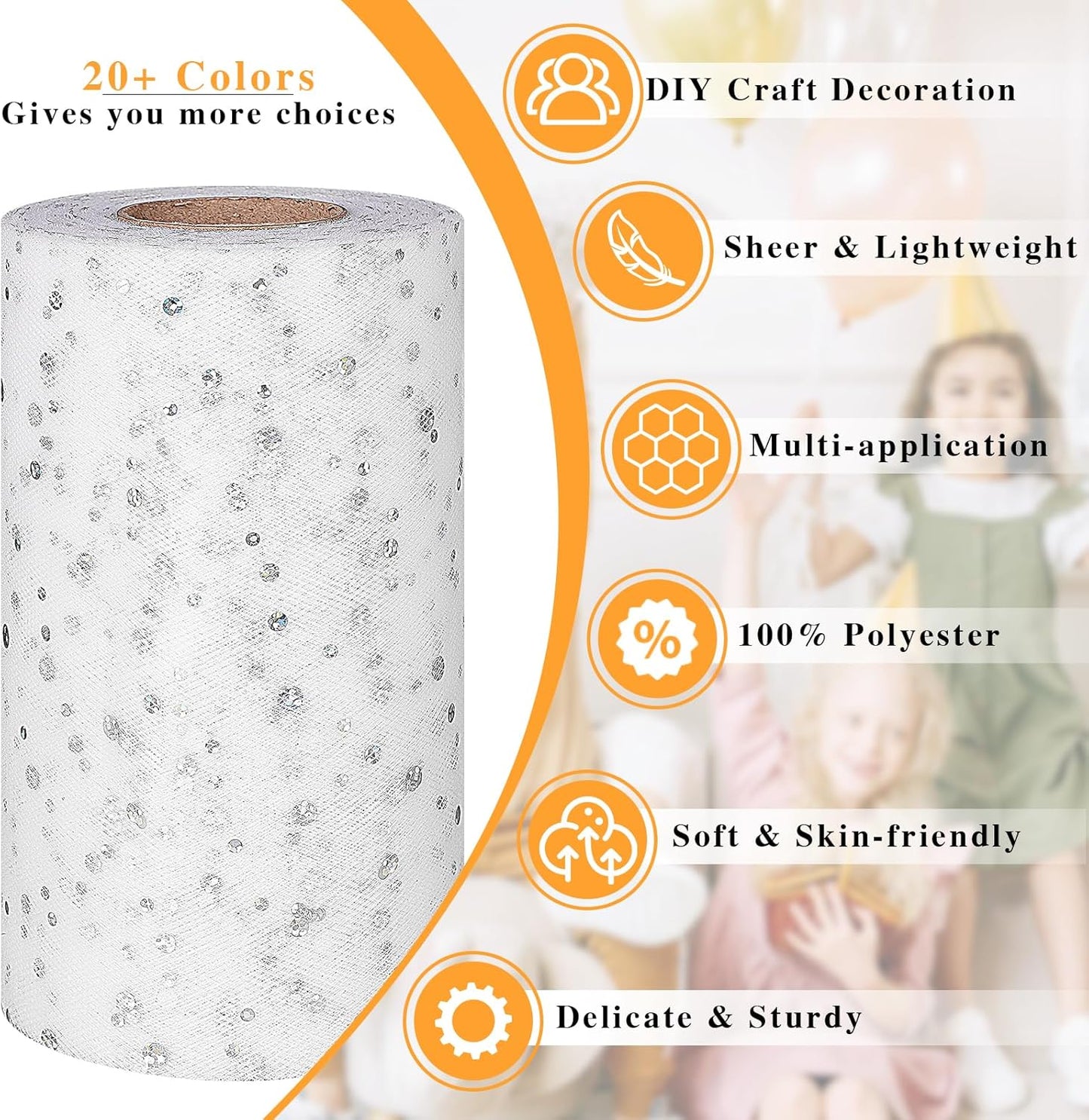 Glitter Tulle Rolls, 6” by 50 Yards (150FT) Sequin Tule Netting Fabric Tulle for Tutu Skirts Sewing Birthday Wedding Party Decoration (White)