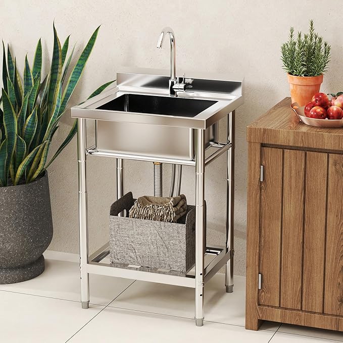 Stainless Steel Utility Sink, 22'' Free Standing Single Bowl Kitchen Sink with Cold and Hot Water Pipe, Indoor and Outdoor for Laundry Room Farmhouse Kitchen(22 inch)