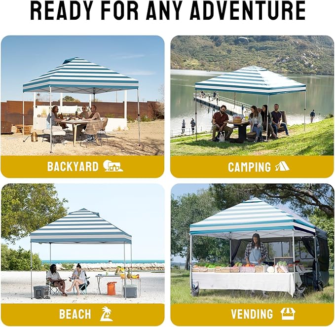 CROWN SHADES 10x10 Pop Up Canopy - Beach Tent with One Push Setup - Easy Outdoor Sun Shade for Events, Parties, Camping - Gazebo with STO-N-Go Cover Bag, Silver Coated Top, Cyan Blue Stripes
