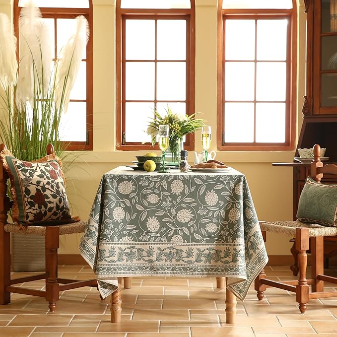 ISAENNE Designer Grayish Green Linen Extra Long Tablecloth Rectangle,Floral Stain Resistant Table Cloth,Fall Vintage Decor Tablecloths for Dining Thanksgiving Kitchen,67"*118"-Andrew A