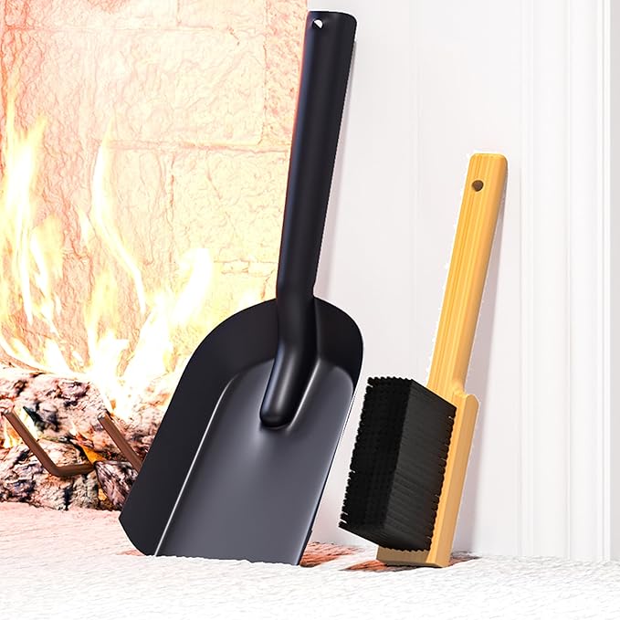 Kingson Fireplace Shovel Black Ash Shovel and Brush, Dustpan Set Small, Durable Steel, Set with Fireplace Dustpan and Brush, Coal Shovel