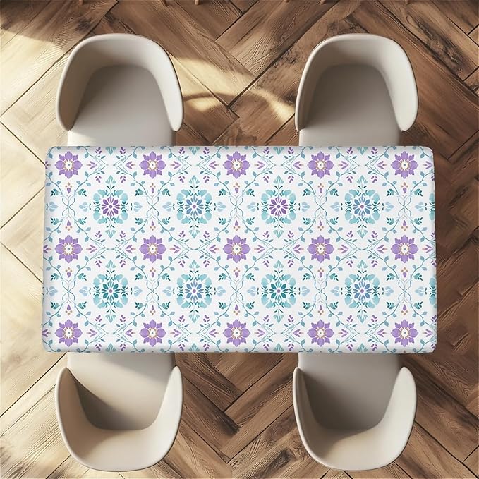 Rectangle Table Cloth Cover Waterproof Elastic Fitted Polyester Fitted Tablecloths for 4 Foot Tables for Indoor,Picnic, Camping, Outdoor （48" x 24"，Geometric Flowers）