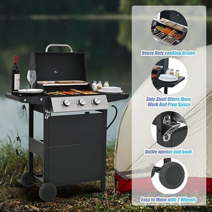 Endark Propane Gas Grill 3-Burner,26,000 BTU Stainless BBQ Grill with Porcelain-Enameled Cooking Grates,Built-In Thermometer,Includes Side Shelf and Wheels,Ideal for Backyard,Patio,Outdoor Cooking