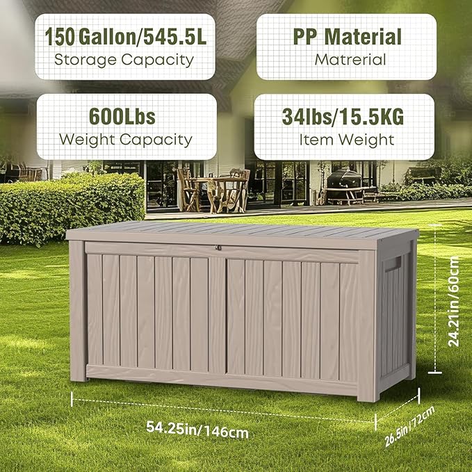 EasyUp 150 Gallon Outdoor Storage Box Waterproof, UV Resistant Resin Deck Box with Hydraulic Rod, Reinforced Stability for Patio, Garden, and Pool, Striped Gray