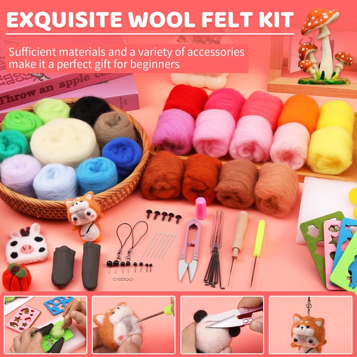 Yizzvb Needle Felting Kit, Wool Roving 24 Colors Set, Needle Wool Felting Tools Kit for Beginners, Needle Felting Starter Kits with Felting Needles for Felted Animal Needle Felting Supplies