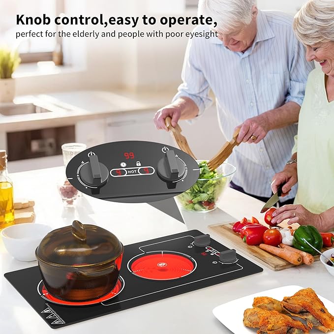 Electric Cooktop,110V 2100W Stove top,9 Power Levels, Kids Lock & Timer, Hot Surface Indicator, Overheat Protection,knob and touch control 2 burner Electric cooktop