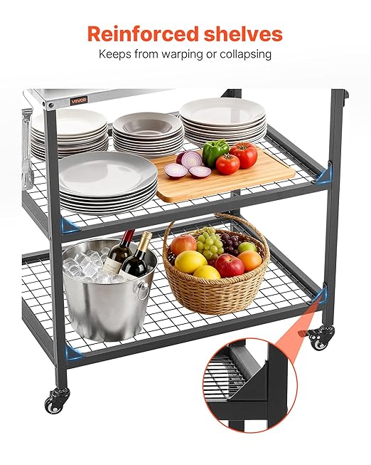 VEVOR Outdoor Grill Cart, 31.5 x 24.0 inch Stainless Steel Tabletop Size Grilling Table, Outdoor Cooking Table with 4 Wheels & Side Handle, Two Mesh Shelves, BBQ Prep Tables for Patio, Garden