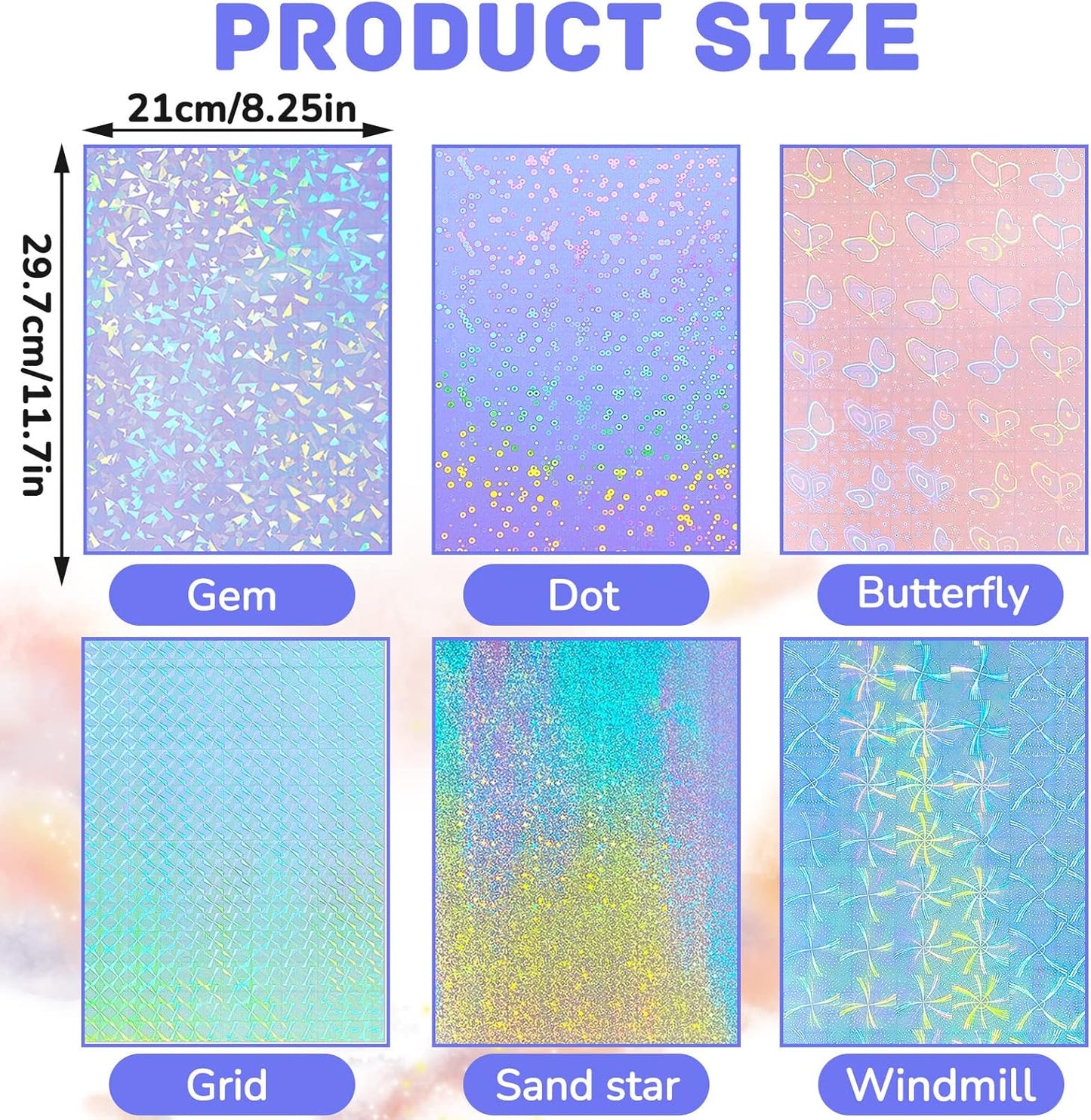 36 Sheets Holographic Sticker Paper Clear A4 Vinyl Sticker Paper Self Adhesive Waterproof Transparent Film Gem Rainbow Star Patterns, 11.7 x 8.3 Inch (Gem,Dot,Butterfly,Grid,Sand Star,Wind Mill)