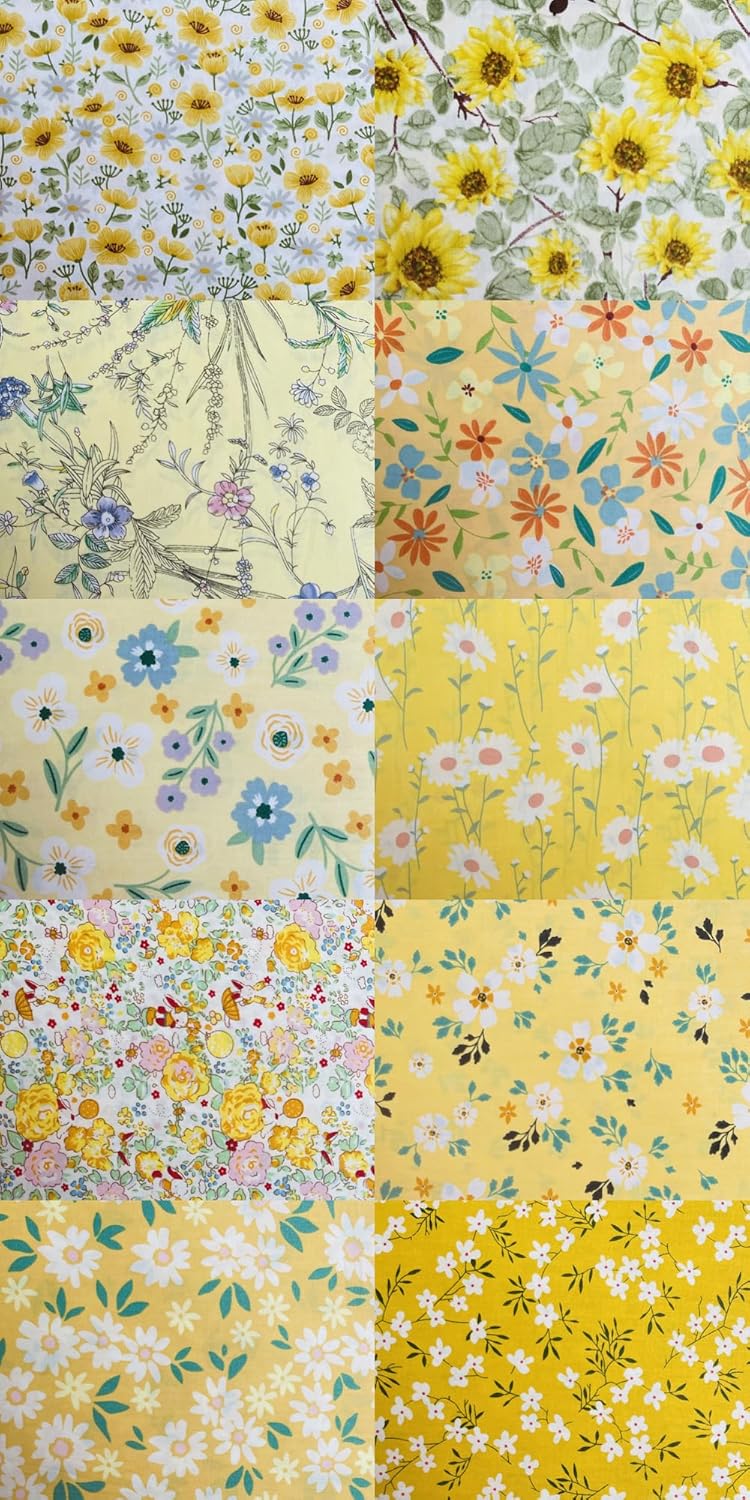 HANPATQUI 50PCS 12 x 12 inch Yellow Printed 100% Cotton Fat Quarters Fabric for Sewing and Quilting Bundles Precut Fabric Square for DIY Craft Patchwork
