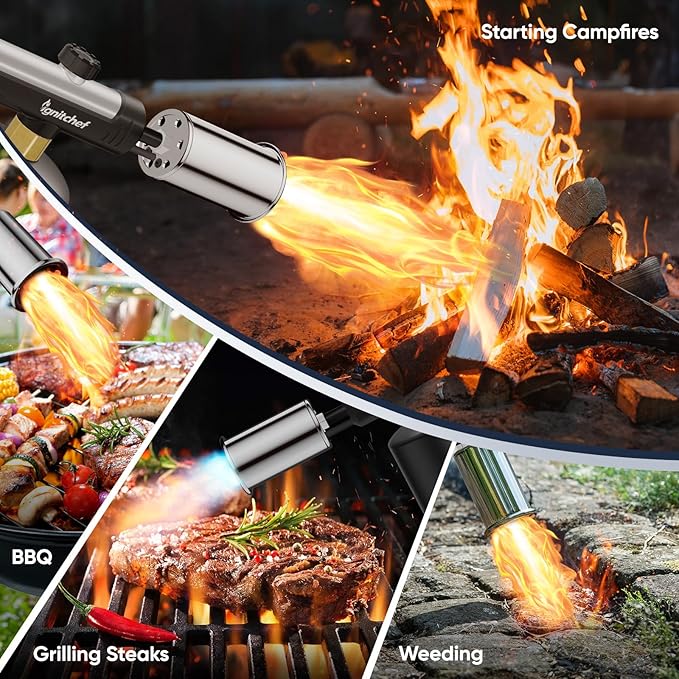 Powerful Propane Torch Head, Culinary Torch Lighter, Kitchen Cooking Torch, Adjustable Blow Torch for Sous Vide Searing Steak, Grill, Charcoal Starter, Campfire(Propane Tank Not Included)
