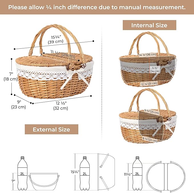 GRANNY SAYS Picnic Basket, Wicker Basket with Lid, Woven Cute Basket with Handle, Storage Basket with Washable Lining & Dual-Flid Lid, Natural Willow Picnic Hamper, White Lining