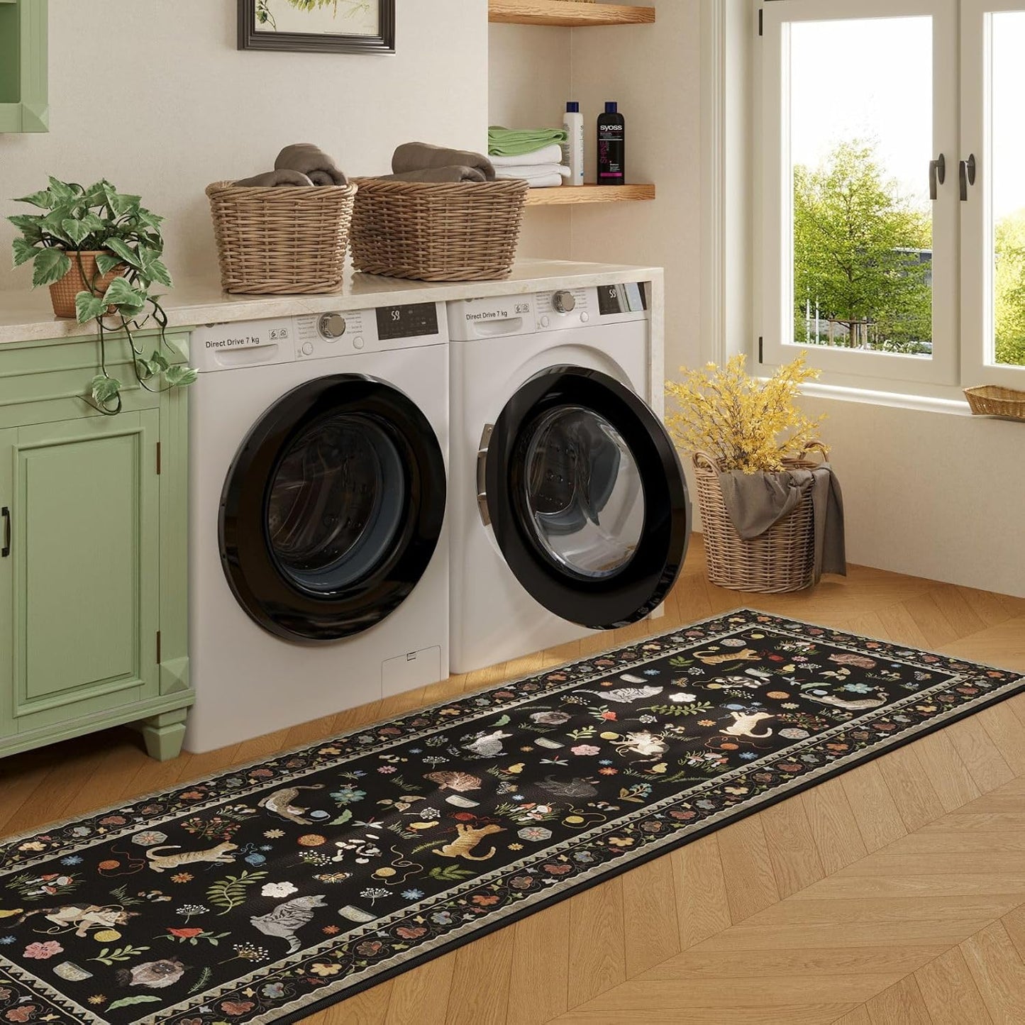 Rugcomf Runners for Kitchen Runner Rug Non Slip 2'x10' Long Washable Rugs with Rubber Backing Soft Floral Animal Cat Carpet Runner for Kitchen Laundry Bedroom Bathroom, Black