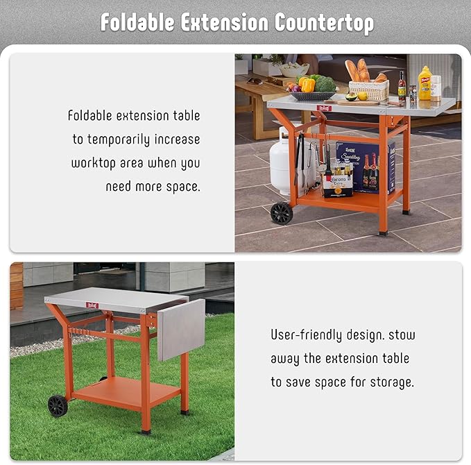 Movable Grill Table with Folding Side Table, Pizza Oven Table as BBQ Food Prep Cart with Undershelf for Outdoor & Indoor Use, 43" L x 20" W Stainless Steel Tabletop, Orange