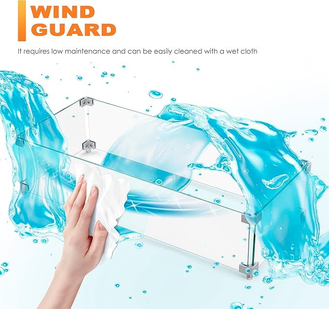 NUU GARDEN 27.6'' x 11.7'' x 6.5" Rectangular Fire Pit Wind Guard, Transparent Tempered Glass, Polished Aluminum Brackets, 3M Anti-Slip Pads, Fit for Best Choice 52-inch Fire Table WG01