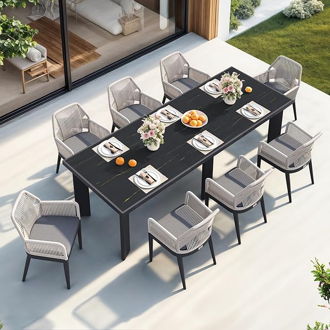 PURPLE LEAF 9 Pieces Patio Dining Set Aluminum Modern Rectangular Table and Rattan Arm Chairs with Cushions for Kitchen Porch Garden Outdoor Furniture Sets, Dark Grey