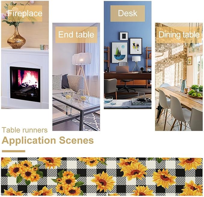Yellow Sunflower Table Runner, Vintage Farmhouse Black White Sunshine Sunflowers Print for Autumn Farmhouse Home Kitchen Table Decoration,13x60inch