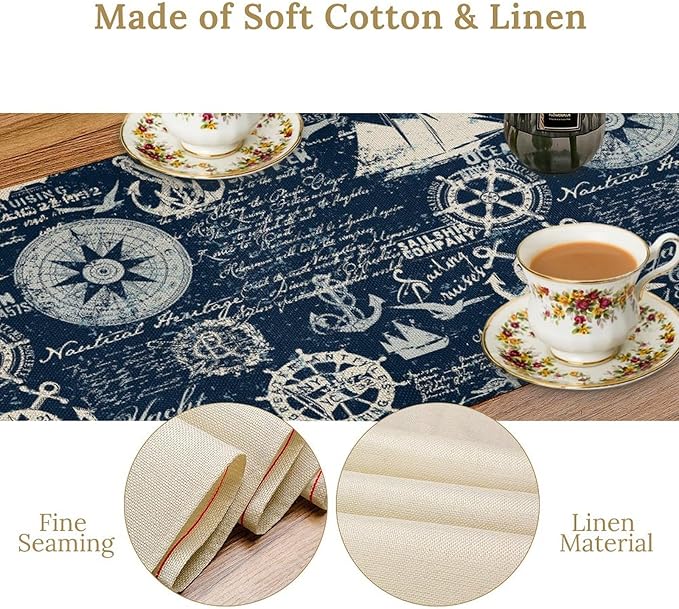 Marine Ship Table Runner, Nautical Pattern Seasonal Farmhouse Sea Rustic Kitchen Dining Table Decoration for Holiday Home Party Festival 13x120in
