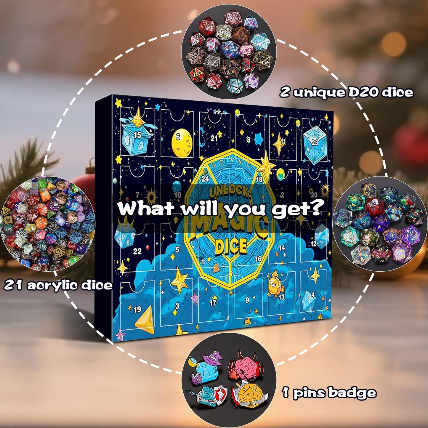 QMAY Polyhedral Dice - 24 Pcs Mystery Dice Box, Random Styles Dice & Pins Badges, Bulk DND Dice, Dice Advent Calendar, D&D Gifts, Great for Dungeons and Dragons, RPG, MTG,Role Playing Table Game