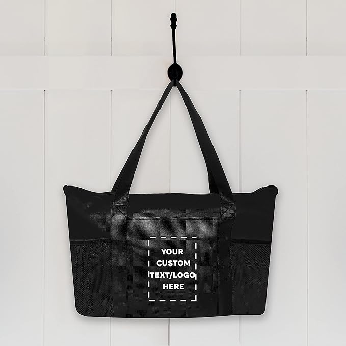 DISCOUNT PROMOS 10 Zippered Non-Woven Tote Bags Set - Customizable Text, Logo - Mesh Pocket, Zippered, Recyclable, Reusable - Black - 19"X14"X3", with Zipper