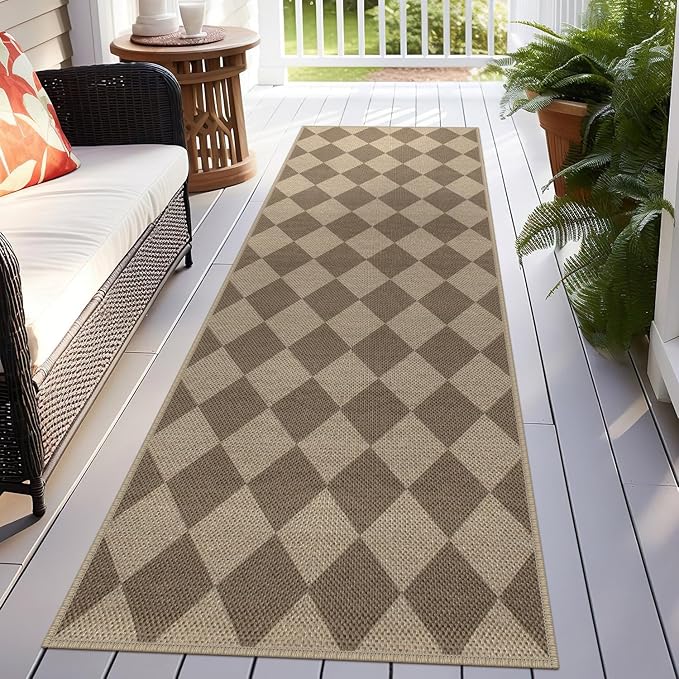 Easy Jute Checkered Runner Rug, 2.6x8 Brown Modern Washable Rugs Runner for Hallway Non-Slip Kitchen Runner Rug, Geometric Diamond Indoor Outdoor Carpet for Porch Laundry Entryway