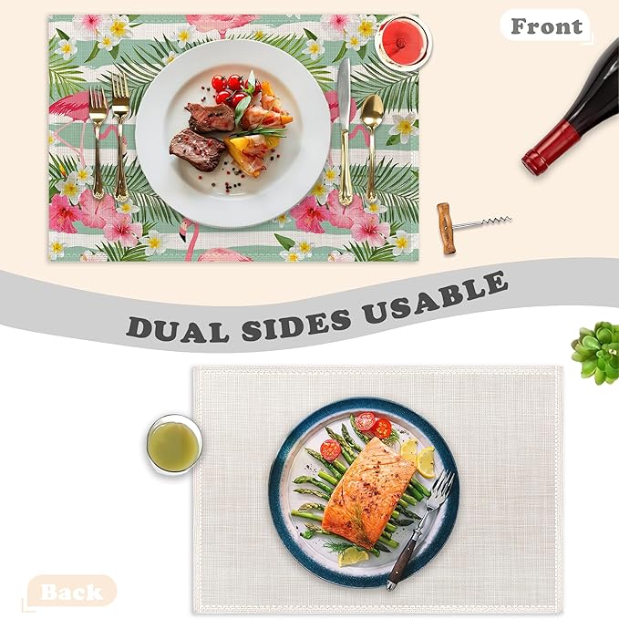 Flamingo Flowers Linen Placemats Set of 6,12x18 Inch Tropical Leaves Washable Table Mats Heat Resistant Place Mats for Home Party Kitchen Dining Decoration