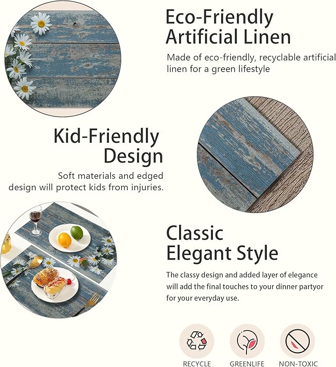 Vintage Blue Wood Panel Placemats Set of 6,White Daisy Table Mats Non-Slip Heat Resistant Washable Placemat for Party Kitchen Dining Table Decoration Indoor Outdoor