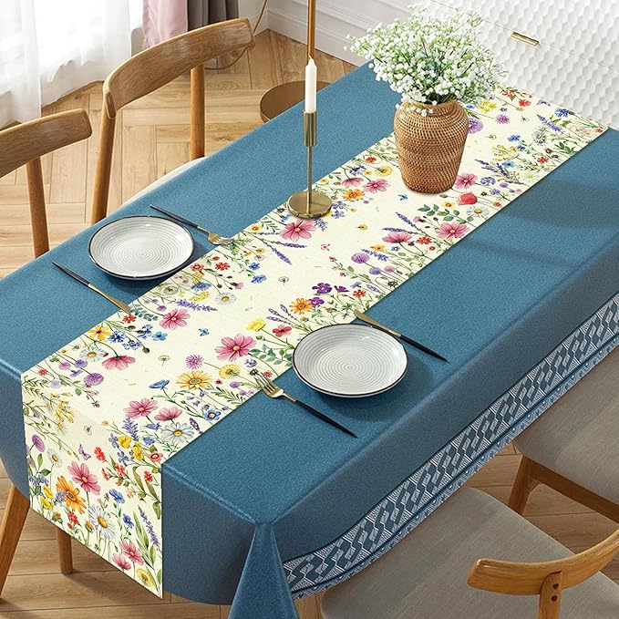 Daisy Tulip Lavender Floral Leaves Summer Table Runner, Spring Home Kitchen Dining Table Decorations Seasonal Holiday Party Decor 13×72 Inches (Colorful Flowers 1)