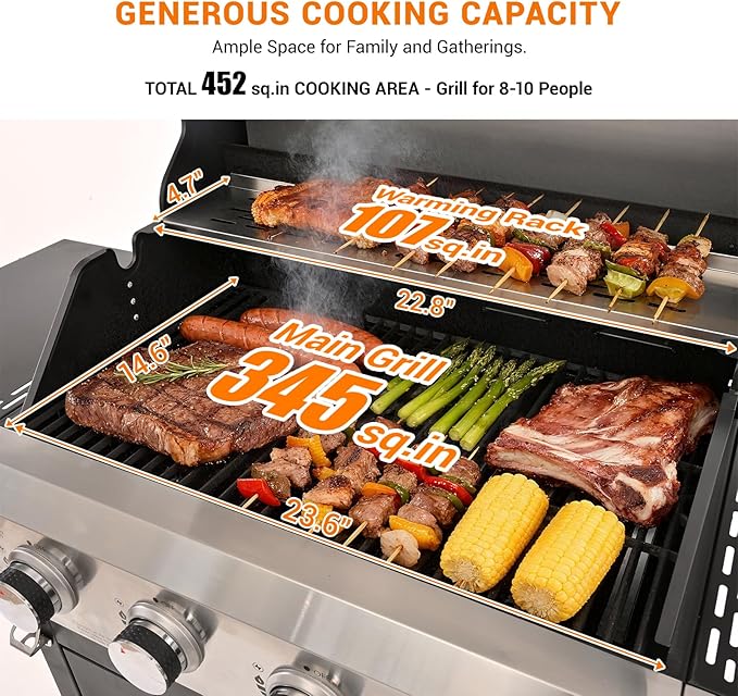 Upgraded 51,000 BTU Stainless Steel Burner Barbecue Grill, 4 Burner BBQ Propane Gas Grill with Side Burner, 452 sq.in Cooking Area with Porcelain for Patio, Camping, Outdoor Cooking