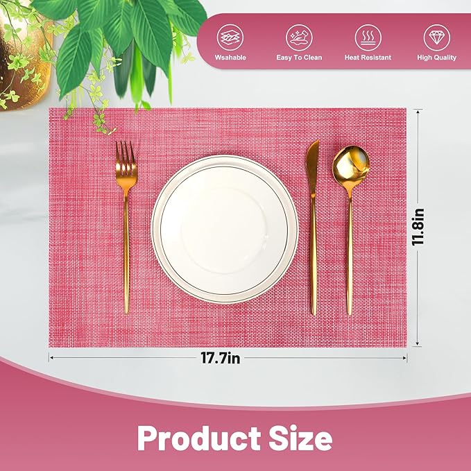 Placemats Set of 8，Christmas Decoration Non-Slip PVC Weave Table Mats Easy to Clean，Heat Resistant Place Mats for Kitchen Dining Table Decoration Indoor Outdoor，Red
