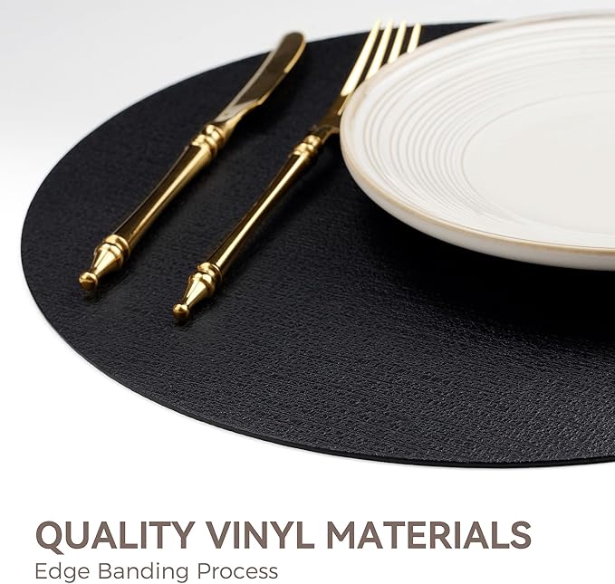 13" Round Placemats Set of 4, Reversible Faux Leather Heat Resistant Table Mats, 100% Waterproof Oilproof Wipeable Table Protective Placemats for Vinyl, Washable for Indoor (4, Black)