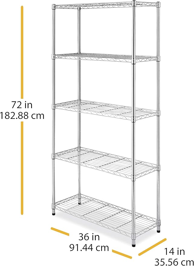 Whitmor 5 Tier Shelving Unit, Metal Storage Shelves, 400 lbs Capacity per Shelf, 2000 lbs Total, Adjustable Heavy Duty Shelf, Easy Assembly for Kitchen, Garage, Plant, 36"L x 14"W x 72"H, Chrome