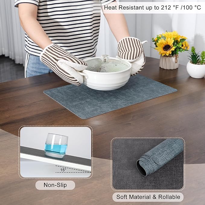 Myir JUN Dual Sided Faux Leather Placemats Set of 4 - Indoor/Outdoor Square Non-Slip Washable Table Mats (Gray Light Blue, Set of 4)