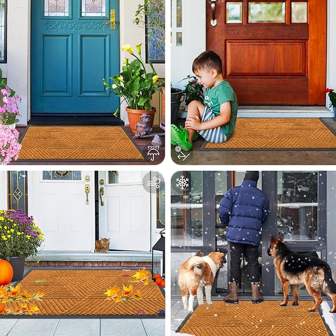 Smiry Front Door Mat Outside Entrance, Heavy Duty Sturdy Natural Rubber Doormat, Trap Dirt and Moisture, Easy Clean Low Profile Mats for Indoor Outdoor Entry, Irregular Triangle (36x24, Amber)