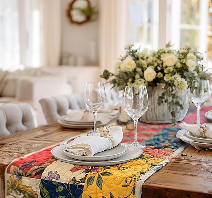 Cotton Quilted Floral Patchwork Table Runner 54 Inches Long – Handmade Farmhouse Table Runner for Dining Room, Coffee Table, or Buffet (Floral, 13*54)