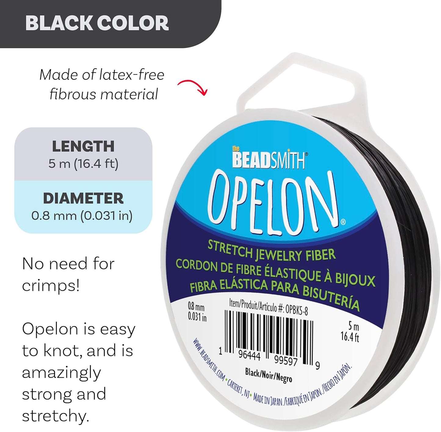 The Beadsmith Opelon Stretch Cord – Elastic Beading Fiber, Black, 0.8 mm Diameter, 5 Meters (16.4 ft) Spool