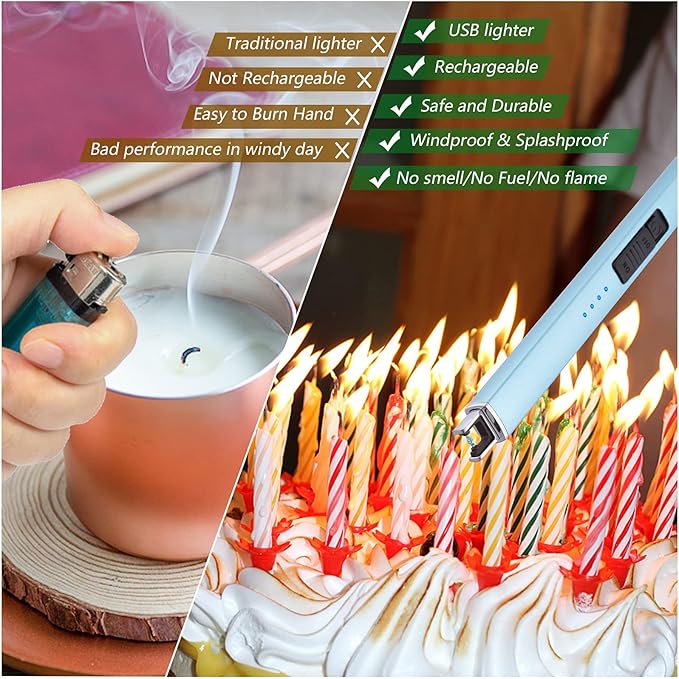 MEIRUBY Electric Candle Lighter, Christmas Stocking Stuffers Gifts for Women Mom Men Wife Sister, USB Arc Rechargeable Windproof Long Lighter for Candle BBQ Housewarming Birthday Gifts Idals