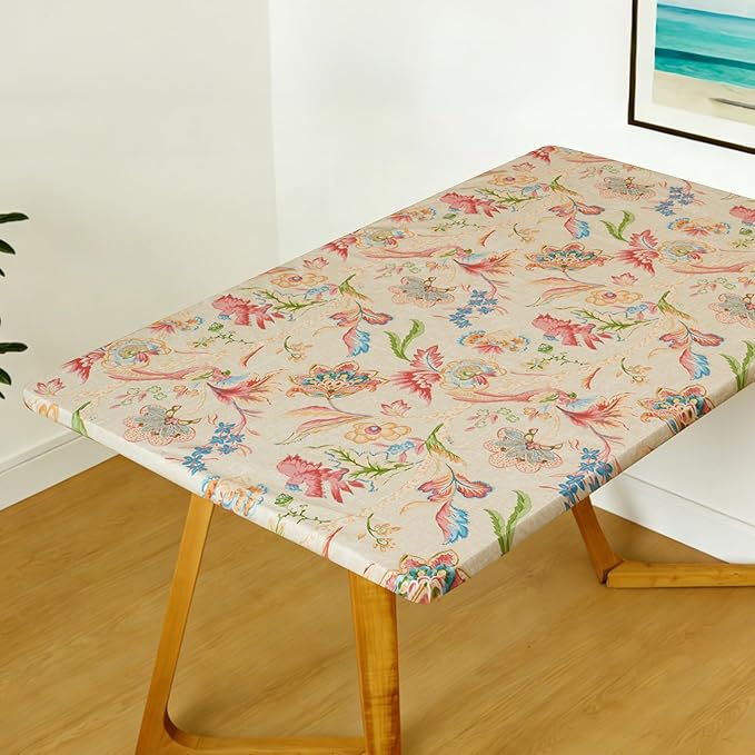 Rectangle Picnic Table Cloth, Elastic Waterproof Fitted Vinyl Tablecloths for 5 Foot Tables, Wipeable Flannel Backed Table Covers for Dining, Camping, Outdoor(Songbird,30"x60")