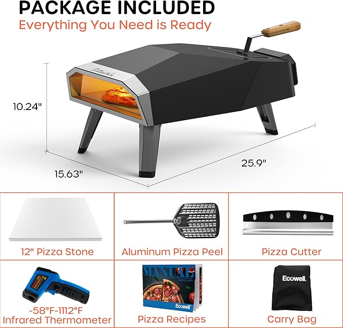 Outdoor Wood Pellet Pizza Oven – 12" Woodfire Pizza Stone Oven, Wood Fired Pizza Maker, Portable for Backyard Party, with Pizza Stone, Pizza Peel, Pizza Cutter, Infrared Thermometer