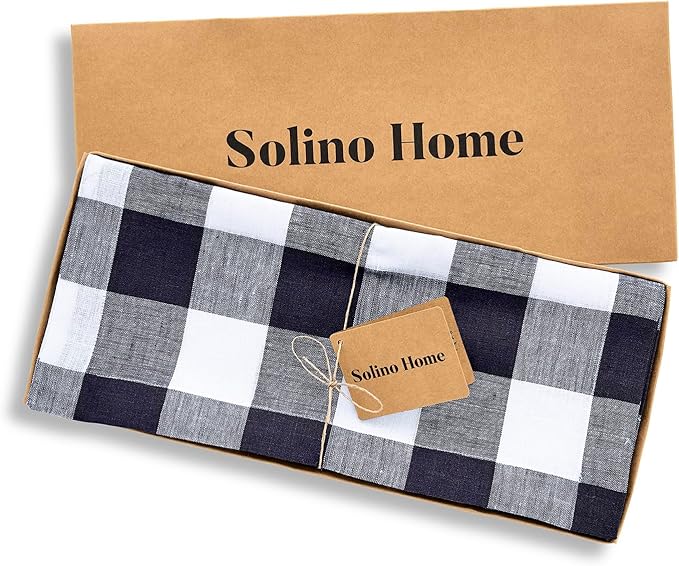 Solino Home Checkered Linen Table Runner 36 Inches - 100% Pure Linen Navy and White Buffalo Check Table Runner 14 x 36 Inch Ideal for Dresser and Coffee Tables - Winter