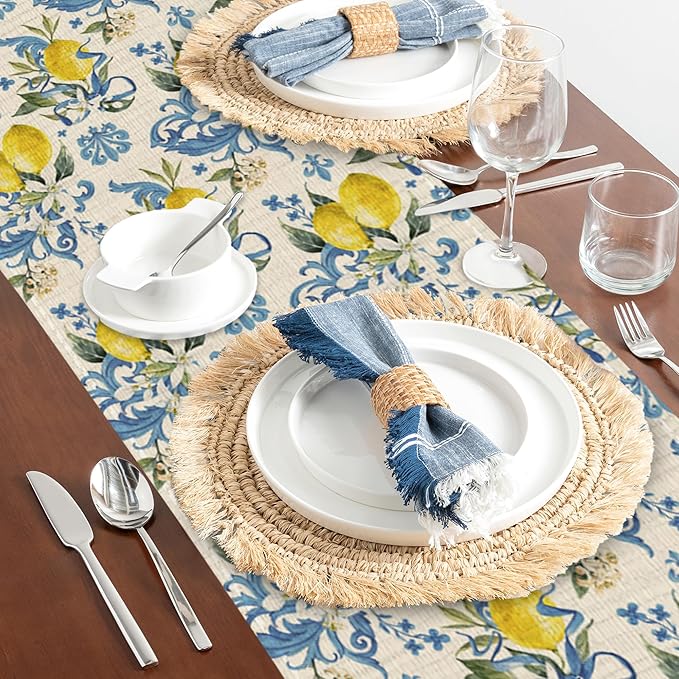 Lemon Flower Table Runner Dresser Scarves Seasonal Linen Tablerunner for Indoor Outdoor Kitchen Home Party Holiday Dining Table Decor 13 X 70 Inch