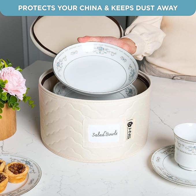 China Storage Hard Shell Containers 12-Piece Set Moving Boxes for Dinnerware, Glasses, Plates, Mugs and Saucers Sturdy Dish Organizer with Dividers for Seasonal Storage - Service for 12 -Beige Quilted